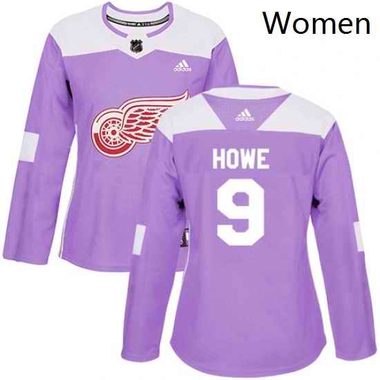 Womens Adidas Detroit Red Wings 9 Gordie Howe Authentic Purple Fights Cancer Practice NHL Jersey
